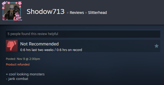 Screenshot showing a Steam user review of Slitterhead.